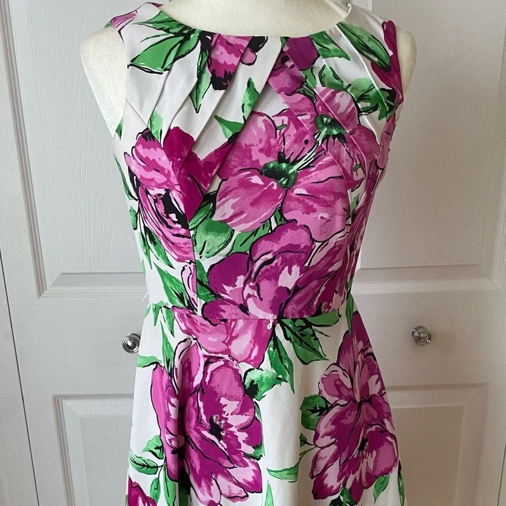 Alyx Dress Womens Fit Flare Stretch Belted Pleated Pink Floral Dress Size 4